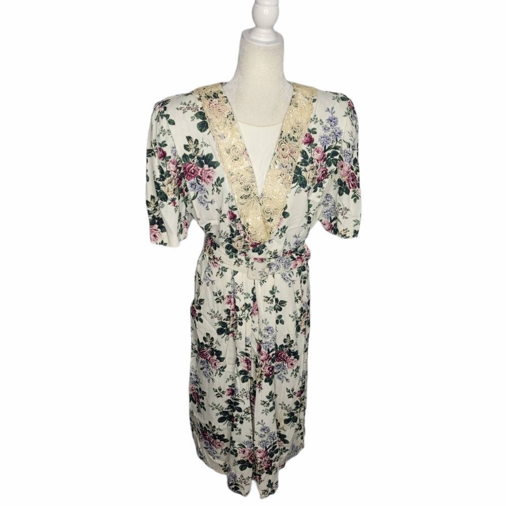 VINTAGE 80s dress floral cottagecore belted white midi L
